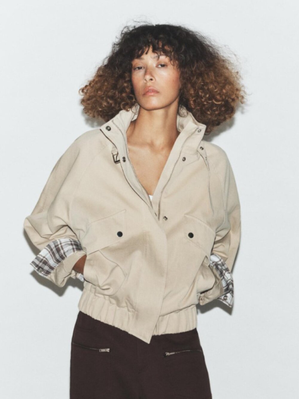 Zara Viral High Neck Utility Bomber Jacket Tan Beige Pleated
